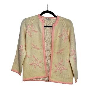 Fully Fashioned Vintage Wool Cardigan Pink Floral Embroidered Lined Sweater M